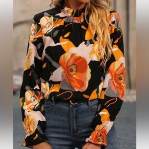 NWOT.  Black and orange floral blouse, size small.